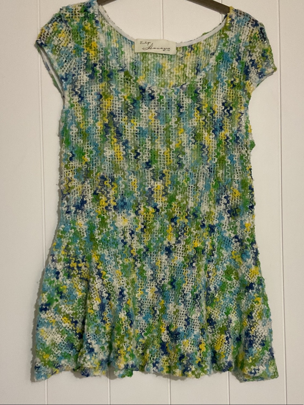 Vintage Havana Blue Green Yellow Open-Knit Cap-Sleeve Tunic